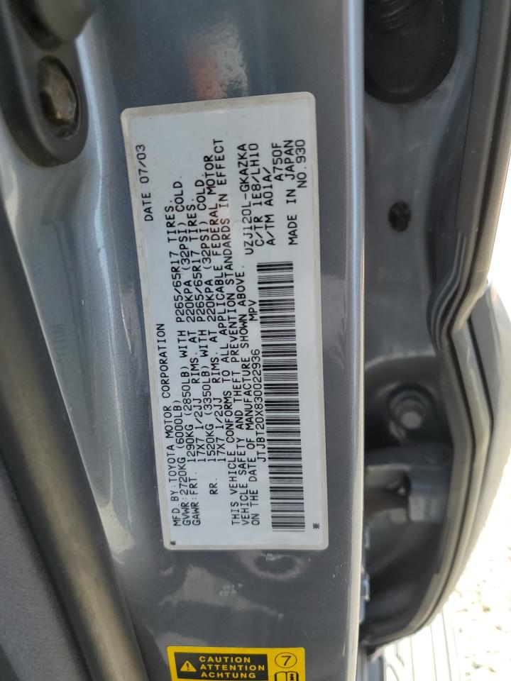 2003 Lexus Gx 470 VIN: JTJBT20X830022936 Lot: 58222375