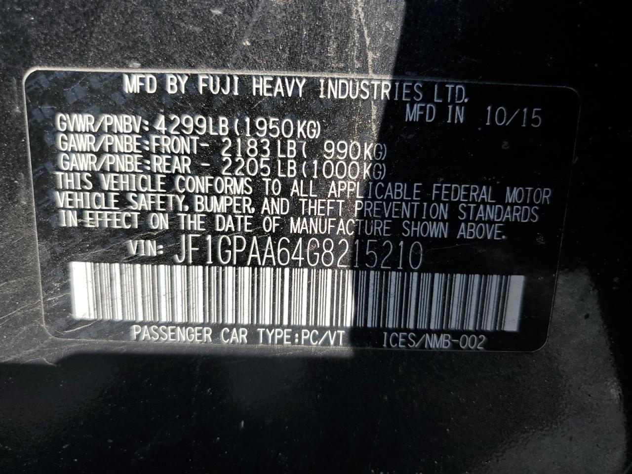 2016 Subaru Impreza VIN: JF1GPAA64G8215210 Lot: 58623185