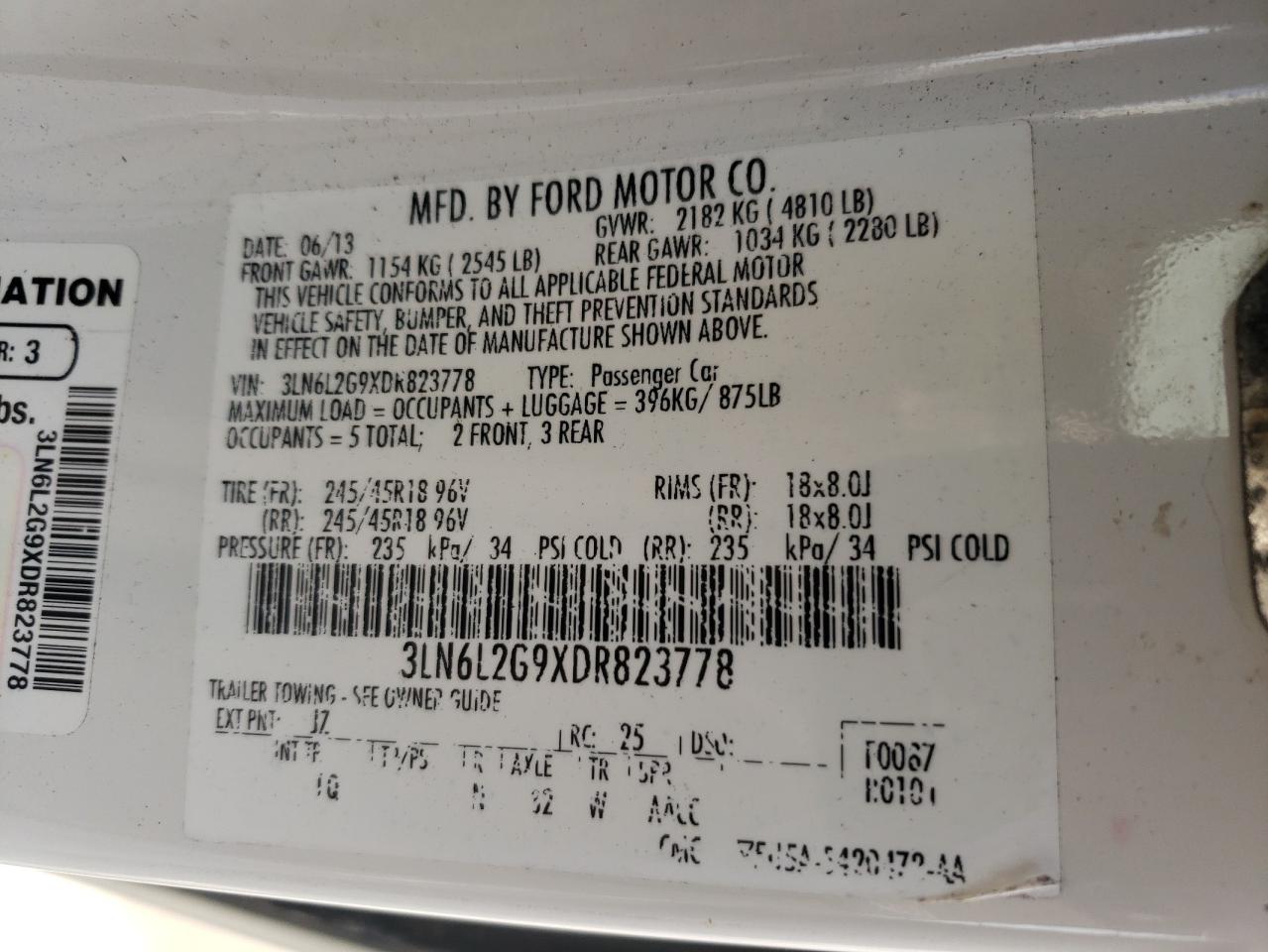 2013 Lincoln Mkz VIN: 3LN6L2G9XDR823778 Lot: 57153255