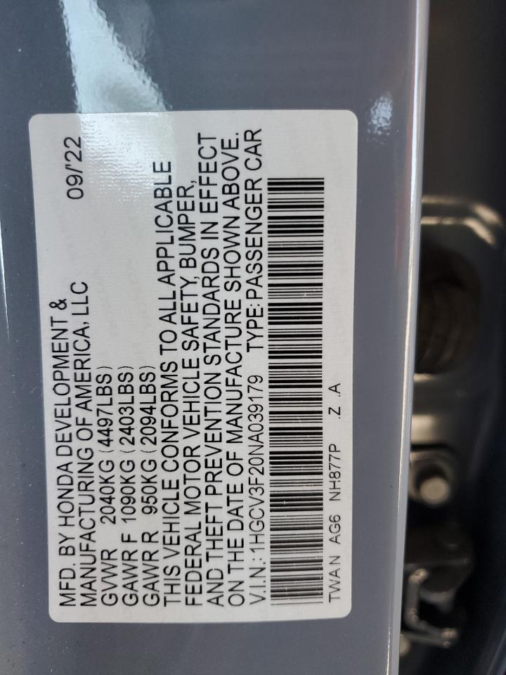 2022 Honda Accord Hybrid Sport VIN: 1HGCV3F20NA039179 Lot: 57082405