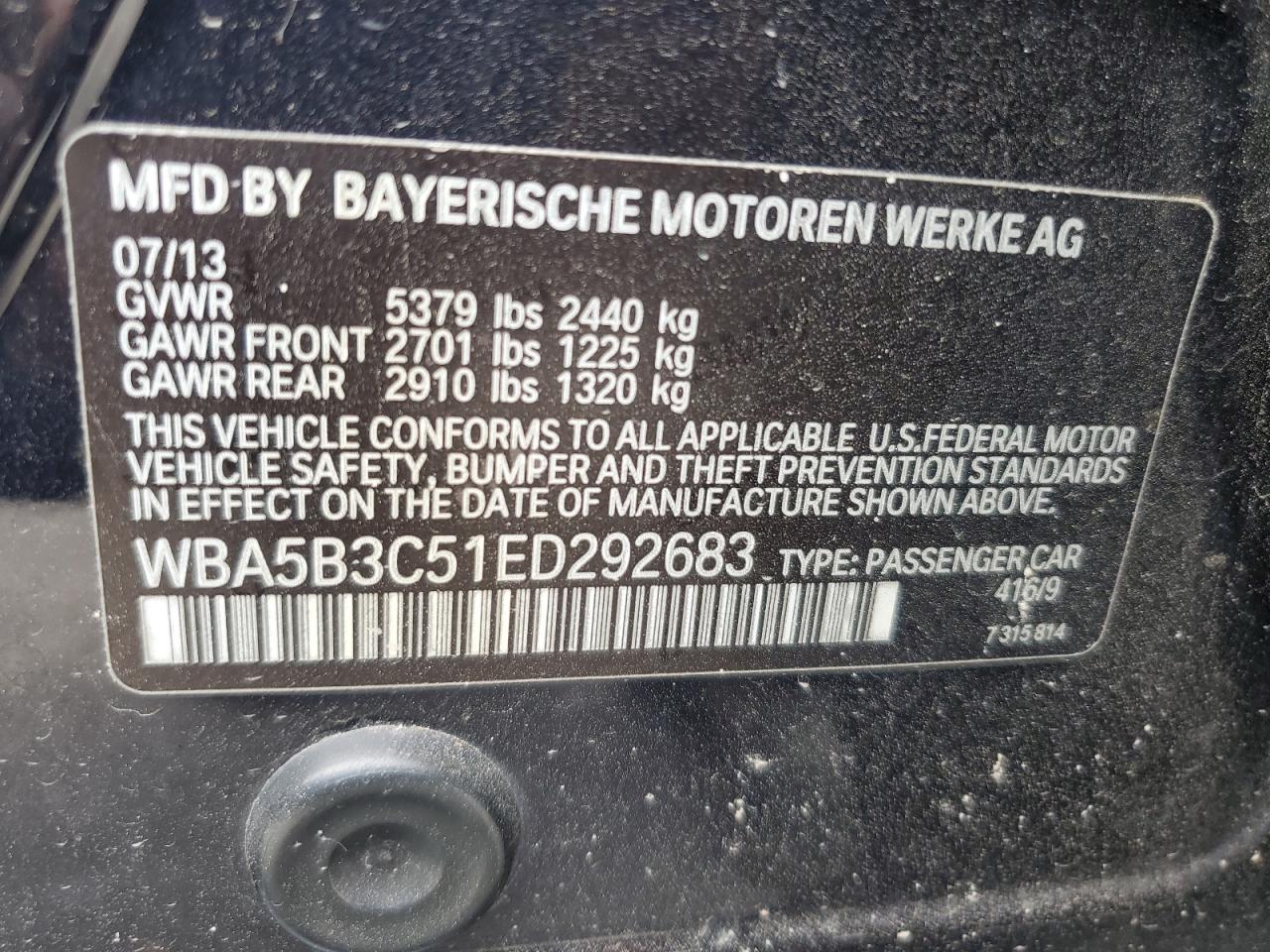 2014 BMW 535 Xi VIN: WBA5B3C51ED292683 Lot: 58400855