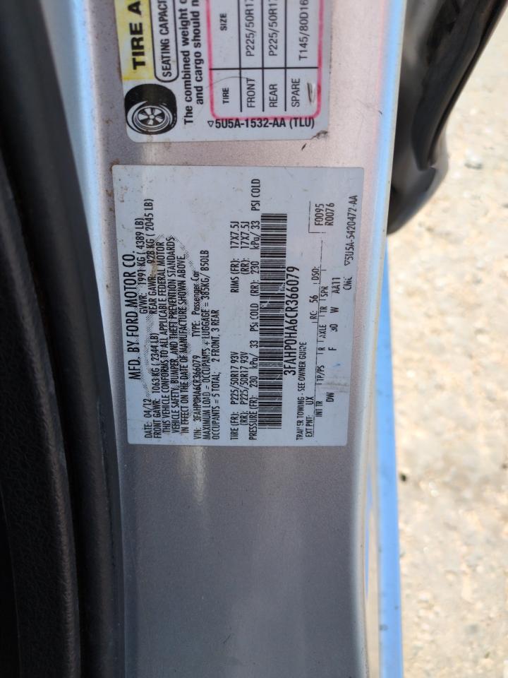 2012 Ford Fusion Se VIN: 3FAHP0HA6CR366079 Lot: 56922425