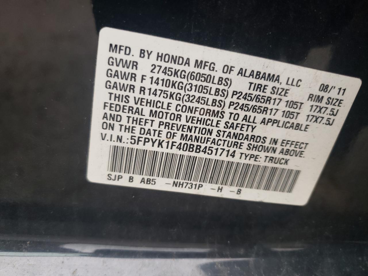 2011 Honda Ridgeline Rts VIN: 5FPYK1F40BB451714 Lot: 56745475