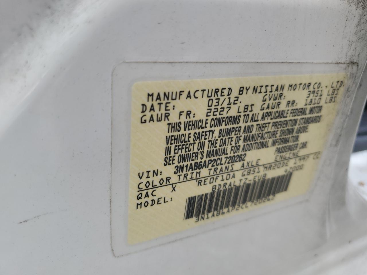 2012 Nissan Sentra 2.0 VIN: 3N1AB6AP2CL720262 Lot: 56929325