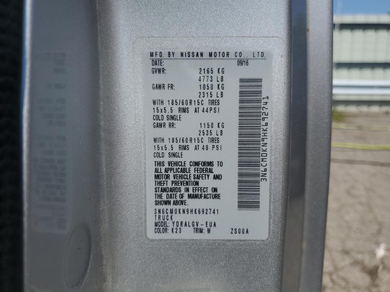 2017 Nissan Nv200 2.5S VIN: 3N6CM0KN9HK692741 Lot: 57097435