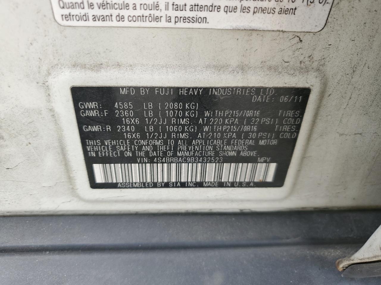 2011 Subaru Outback 2.5I VIN: 4S4BRBAC9B3432523 Lot: 56997635