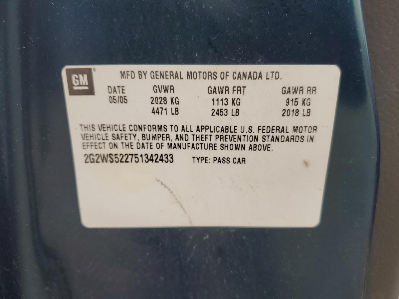 2005 Pontiac Grand Prix Gt VIN: 2G2WS522751342433 Lot: 80157065