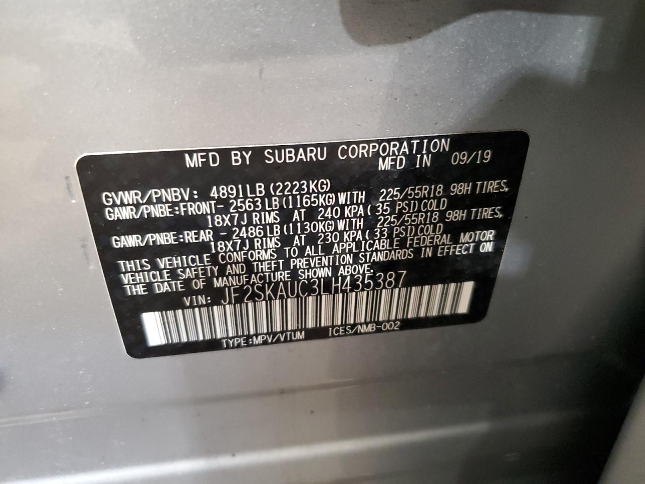 2020 Subaru Forester Limited VIN: JF2SKAUC3LH435387 Lot: 56109905