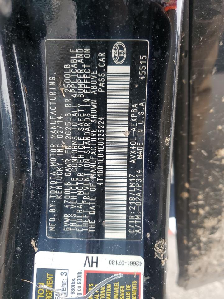 2014 Toyota Avalon Hybrid VIN: 4T1BD1EB1EU025224 Lot: 57218645