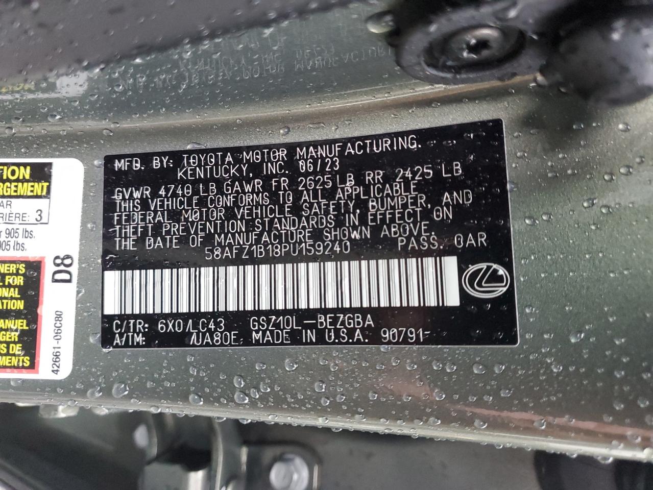 2023 Lexus Es 350 Base VIN: 58AFZ1B18PU159240 Lot: 56690195