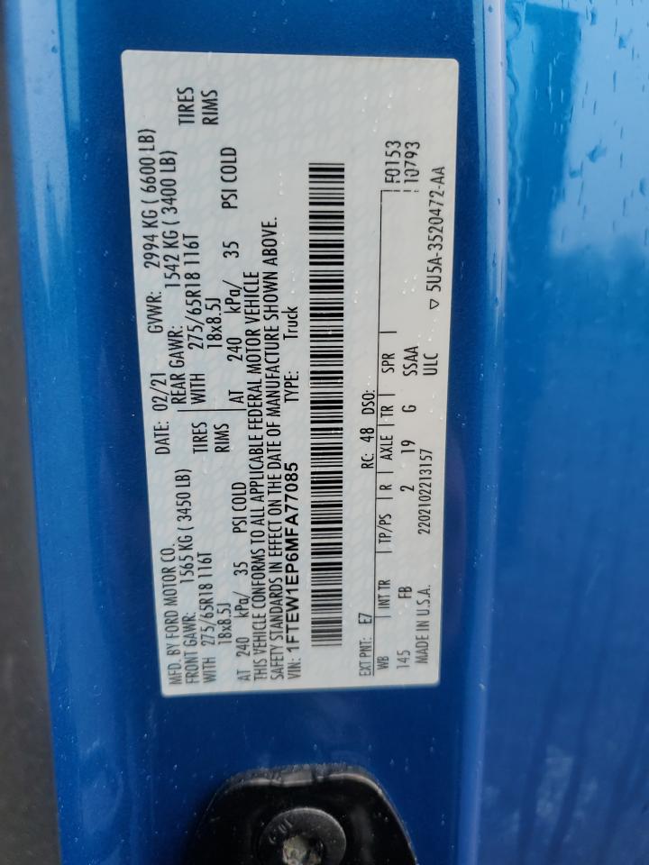 2021 Ford F150 Supercrew VIN: 1FTEW1EP6MFA77085 Lot: 56791575