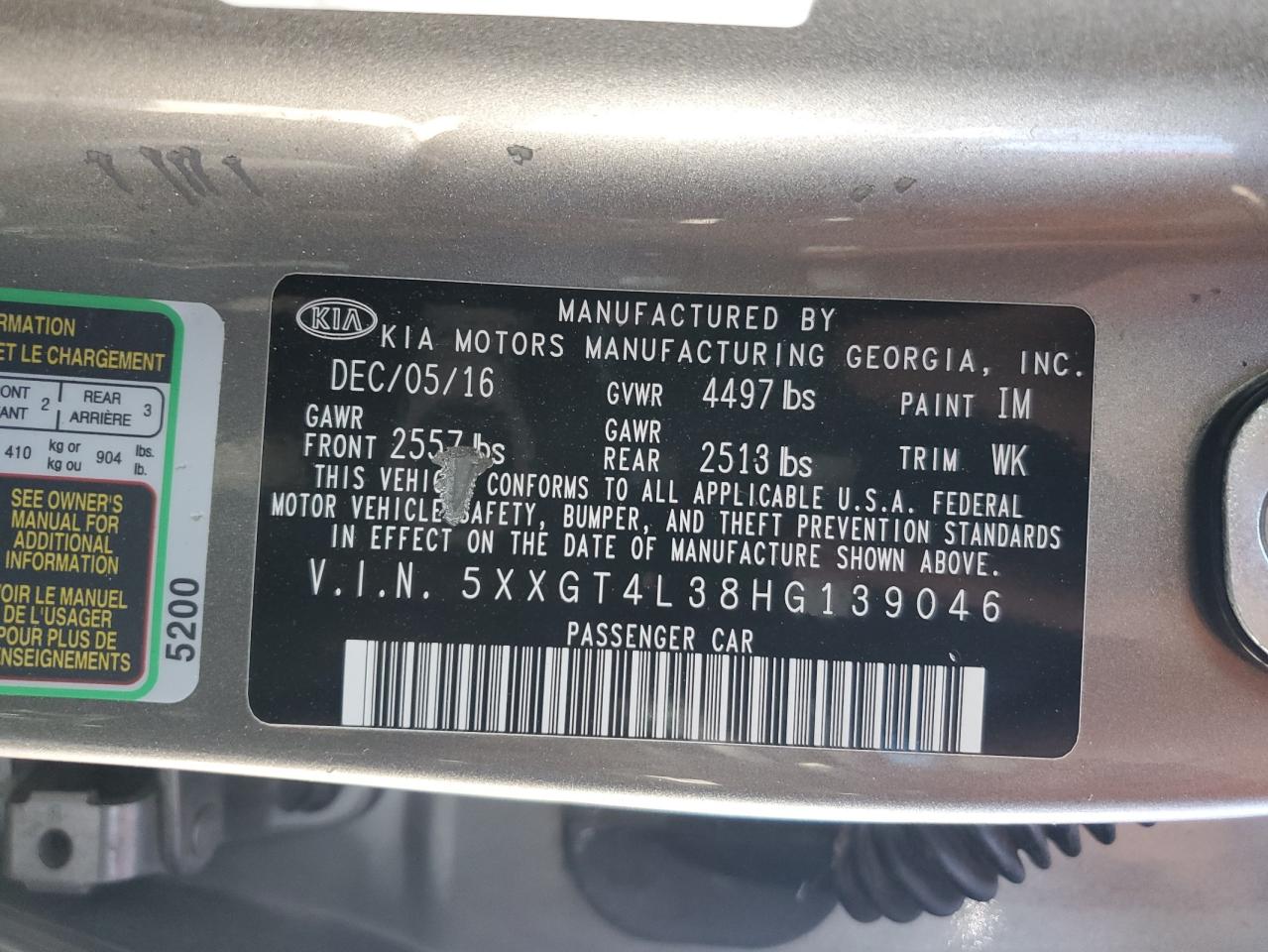 2017 Kia Optima Lx VIN: 5XXGT4L38HG139046 Lot: 57180555