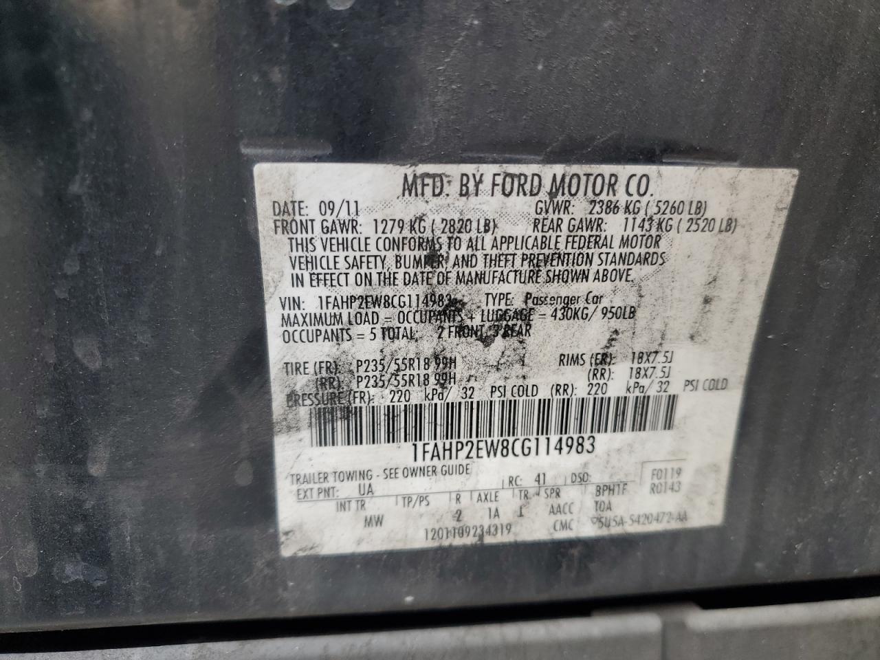 2012 Ford Taurus Sel VIN: 1FAHP2EW8CG114983 Lot: 56556185