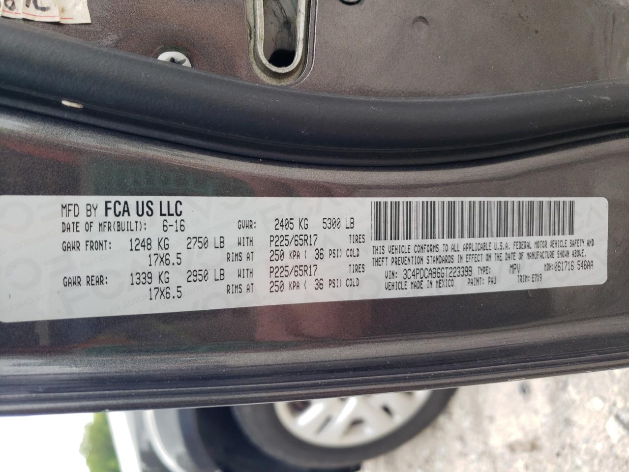 2016 Dodge Journey Se VIN: 3C4PDCAB6GT223399 Lot: 58330295