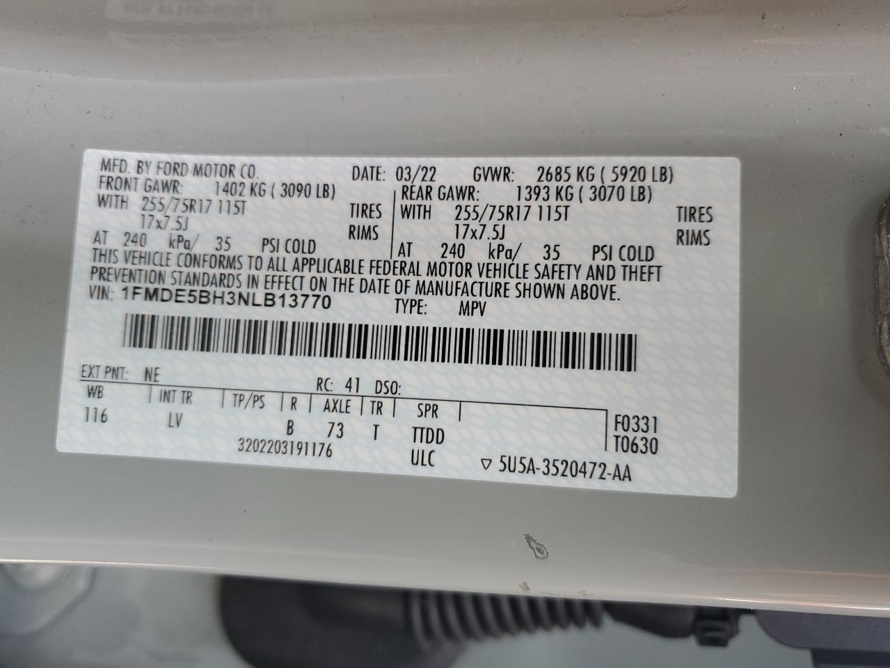 2022 Ford Bronco Base VIN: 1FMDE5BH3NLB13770 Lot: 56737625