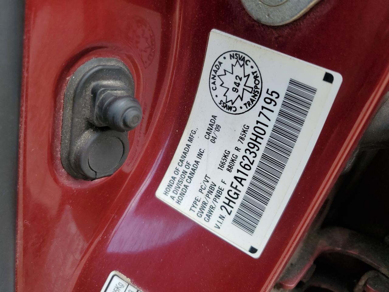 2009 Honda Civic Dx VIN: 2HGFA16239H017195 Lot: 57242105