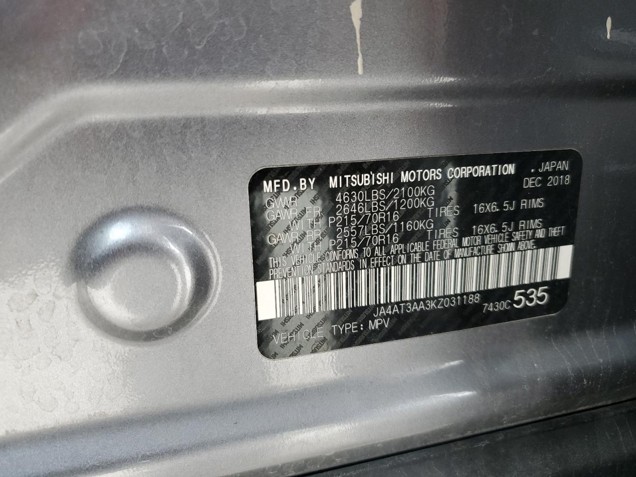 2019 Mitsubishi Eclipse Cross Es VIN: JA4AT3AA3KZ031188 Lot: 56591745
