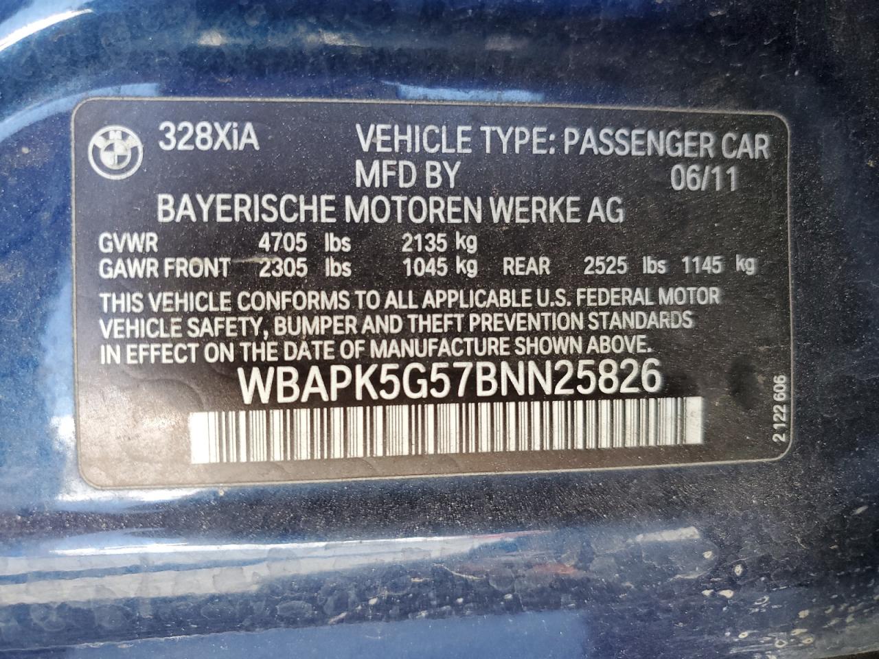 2011 BMW 328 Xi Sulev VIN: WBAPK5G57BNN25826 Lot: 56922465