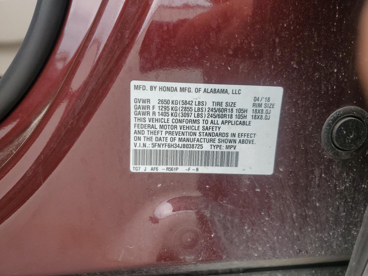 2018 Honda Pilot Ex VIN: 5FNYF6H34JB038725 Lot: 56157945