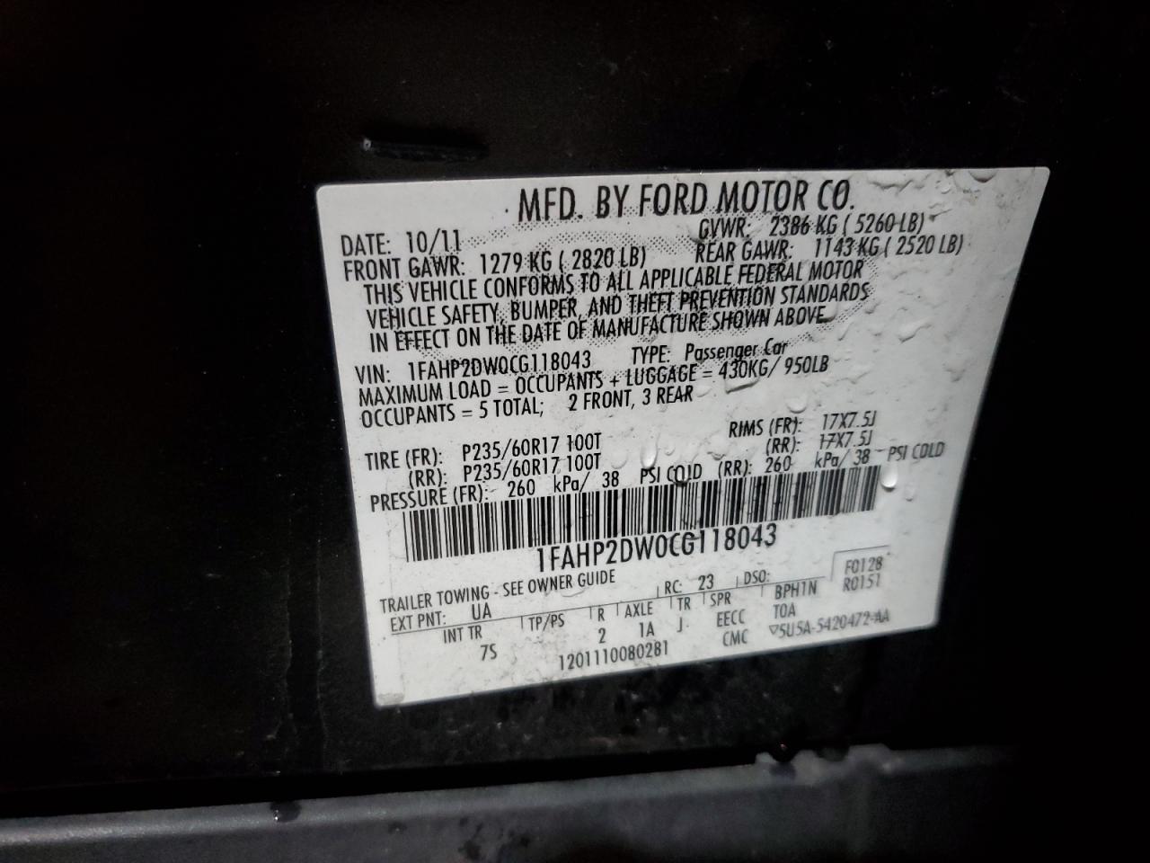 2012 Ford Taurus Se VIN: 1FAHP2DW0CG118043 Lot: 56280455