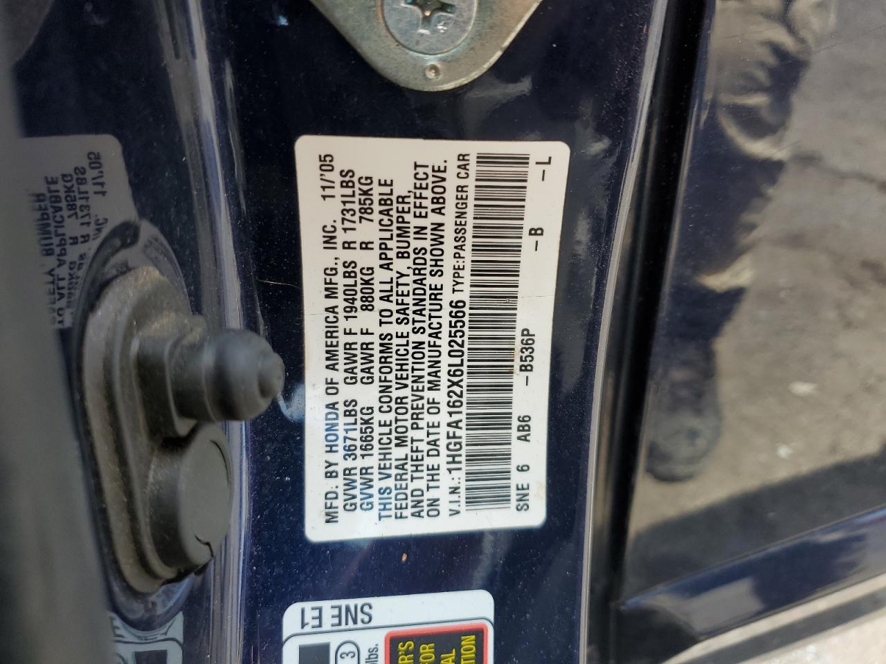 2006 Honda Civic Dx VIN: 1HGFA162X6L025566 Lot: 57087615