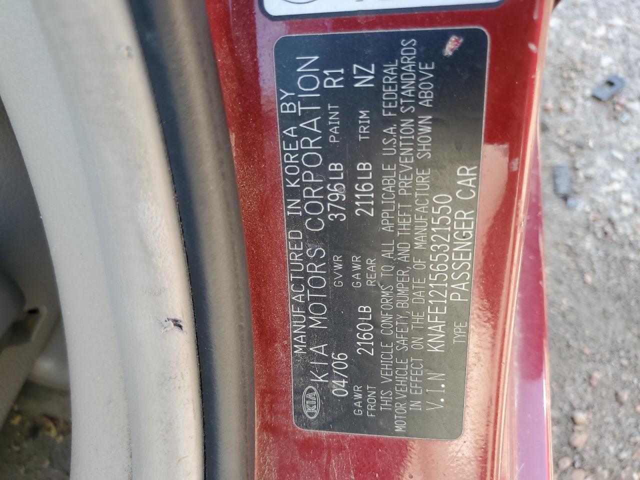 2006 Kia Spectra Lx VIN: KNAFE121565321550 Lot: 55839515