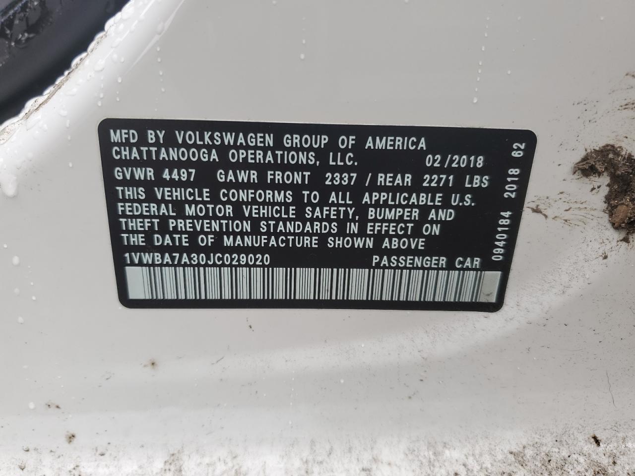 2018 Volkswagen Passat Se VIN: 1VWBA7A30JC029020 Lot: 56510965