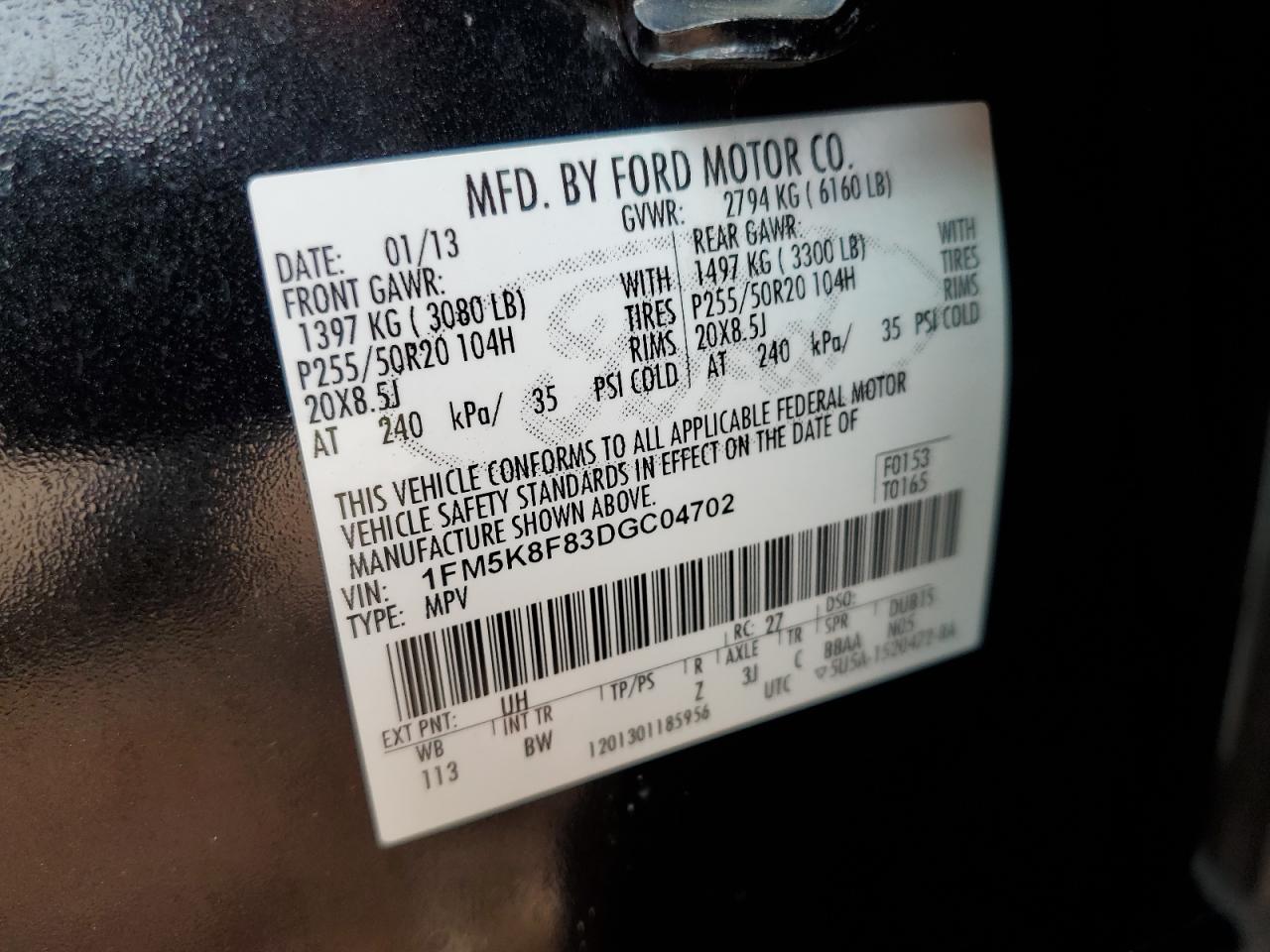 2013 Ford Explorer Limited VIN: 1FM5K8F83DGC04702 Lot: 56860515