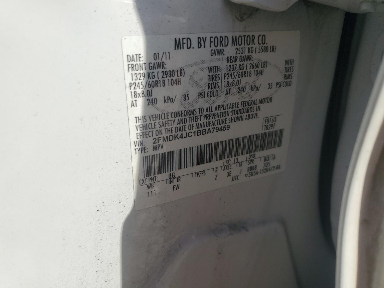 2011 Ford Edge Sel VIN: 2FMDK4JC1BBA79459 Lot: 56949435