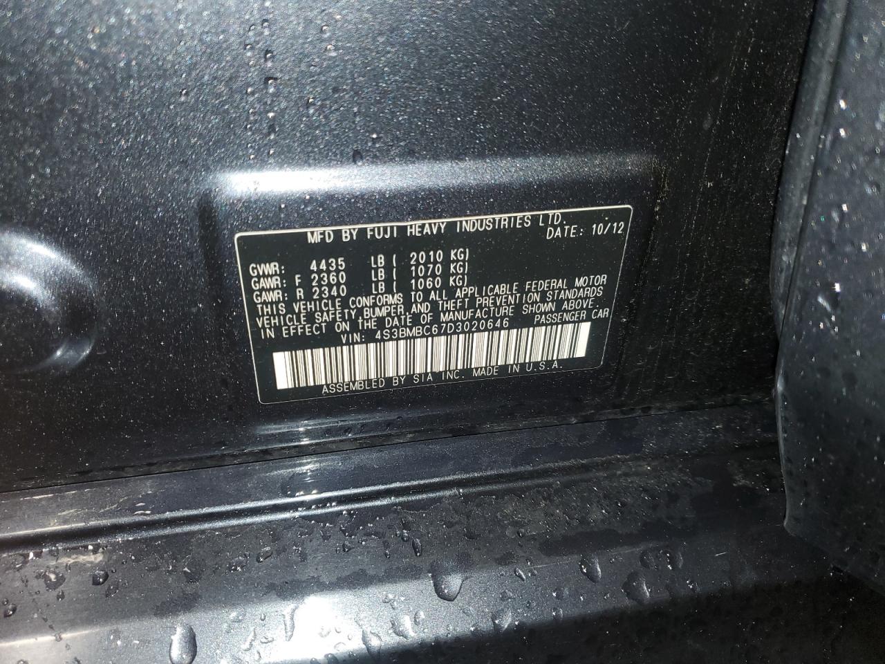 2013 Subaru Legacy 2.5I Premium VIN: 4S3BMBC67D3020646 Lot: 57069185