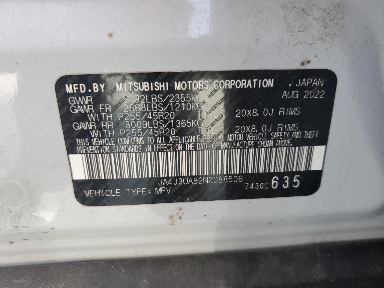2022 Mitsubishi Outlander Se VIN: JA4J3UA82NZ088506 Lot: 54781715