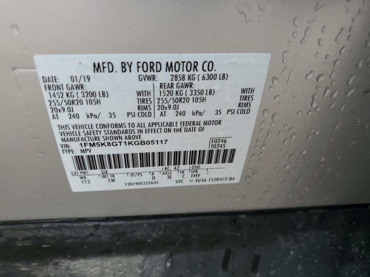 2019 Ford Explorer Sport VIN: 1FM5K8GT1KGB05117 Lot: 56696505