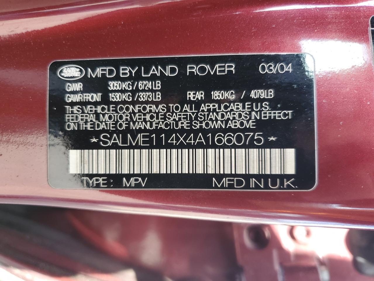 2004 Land Rover Range Rover Hse VIN: SALME114X4A166075 Lot: 55575605