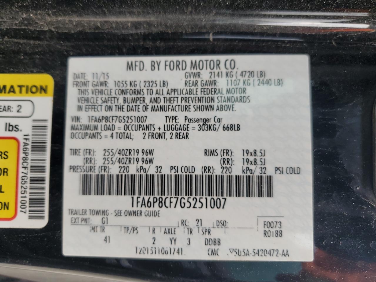 1FA6P8CF7G5251007 FORD MUSTANG 2016