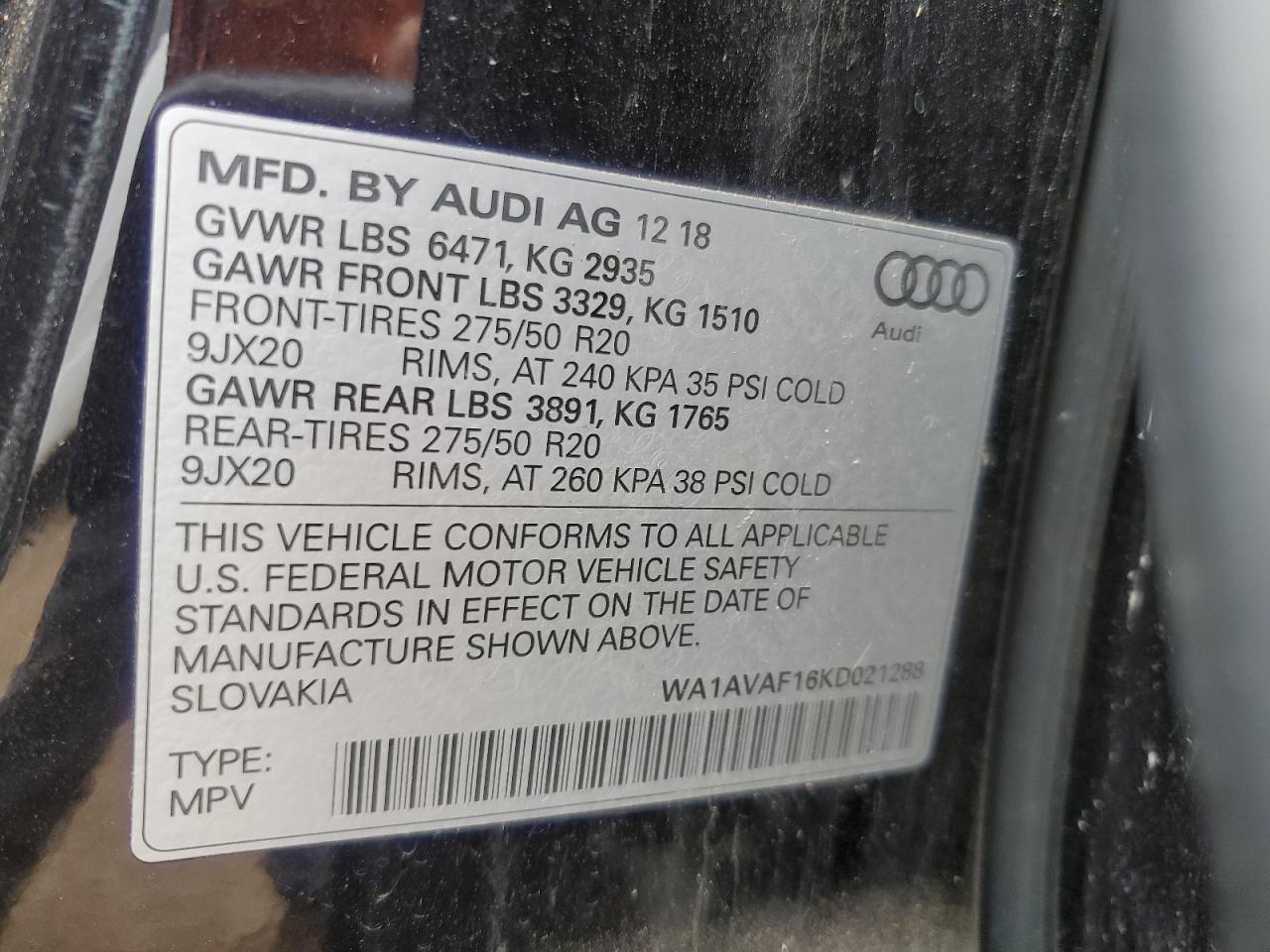 2019 Audi Q8 Premium VIN: WA1AVAF16KD021288 Lot: 56593805