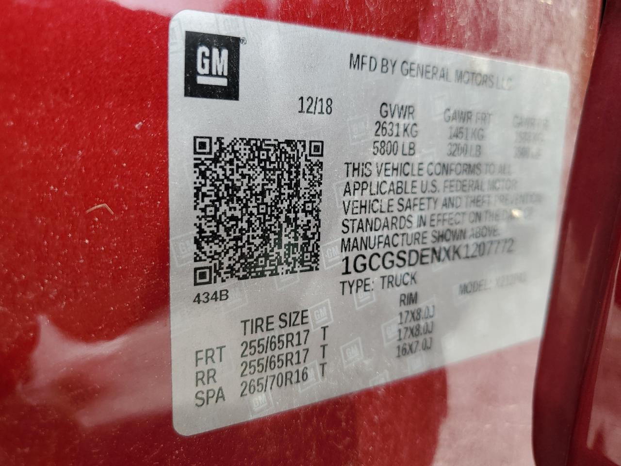 2019 Chevrolet Colorado Z71 VIN: 1GCGSDENXK1207772 Lot: 56292335