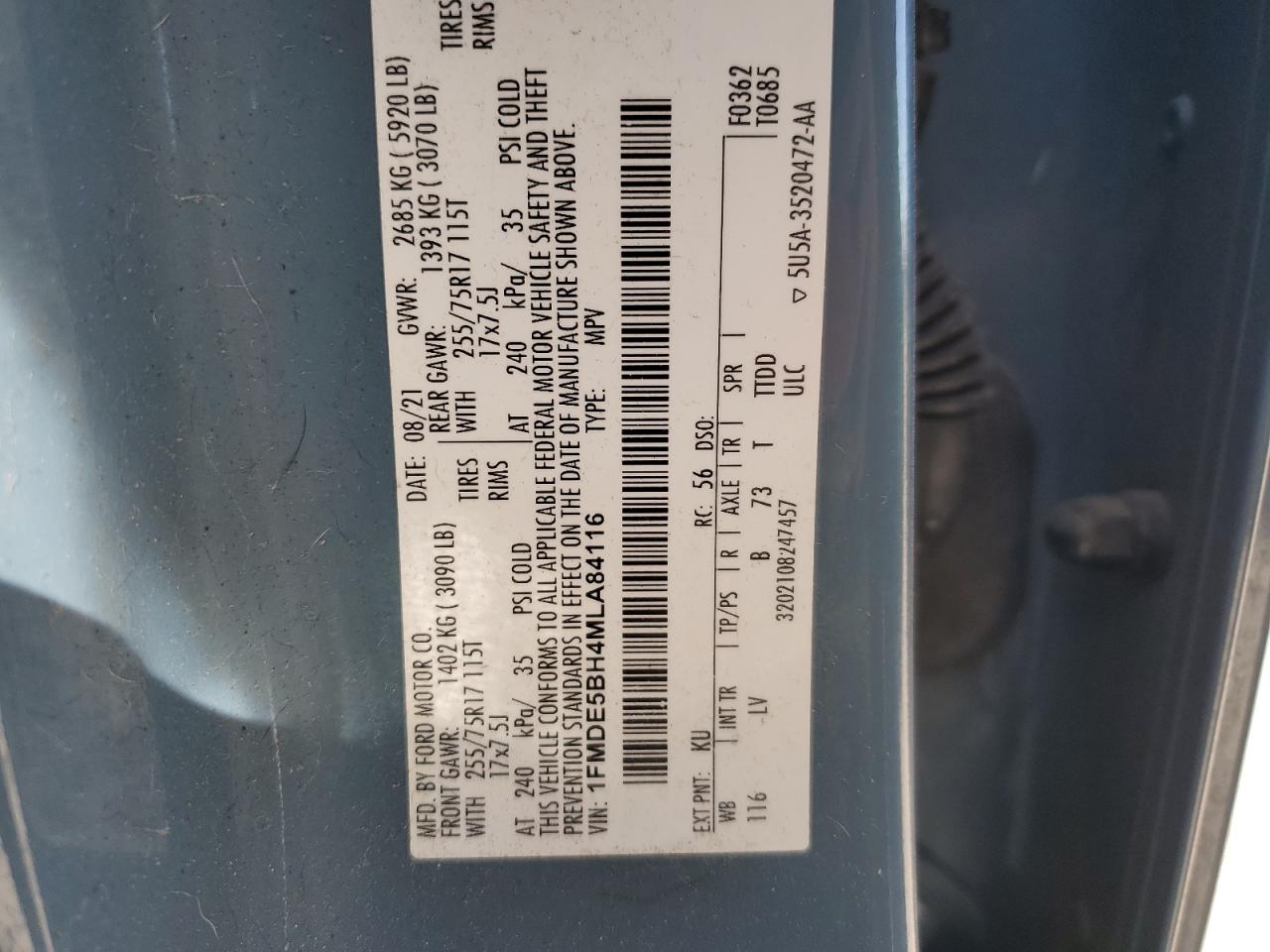 2021 Ford Bronco Base VIN: 1FMDE5BH4MLA84116 Lot: 57151535