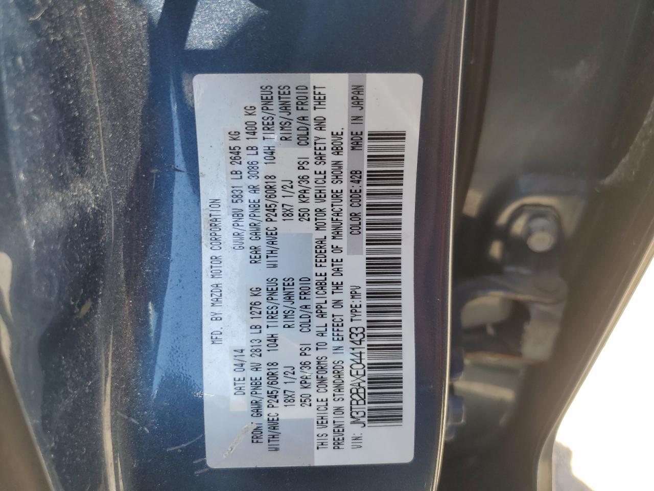 2014 Mazda Cx-9 Sport VIN: JM3TB2BAXE0441433 Lot: 57179605