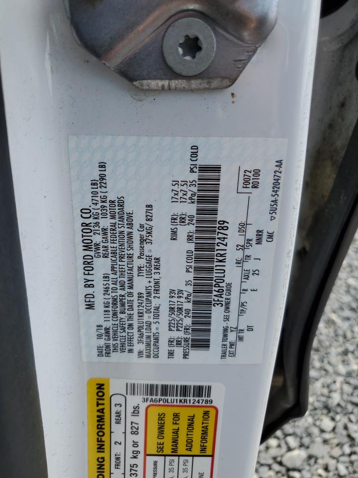 2019 Ford Fusion Se VIN: 3FA6P0LU1KR124789 Lot: 55084875