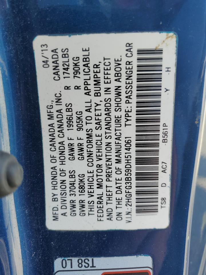 2013 Honda Civic Lx VIN: 2HGFG3B59DH514061 Lot: 55682395