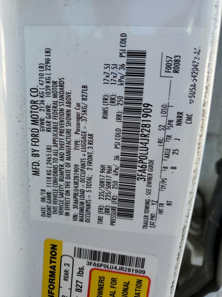 2018 Ford Fusion Se Hybrid VIN: 3FA6P0LU4JR281909 Lot: 54041565