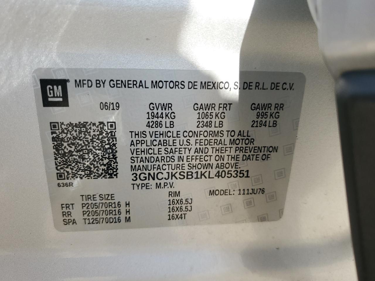 2019 Chevrolet Trax Ls VIN: 3GNCJKSB1KL405351 Lot: 57152735