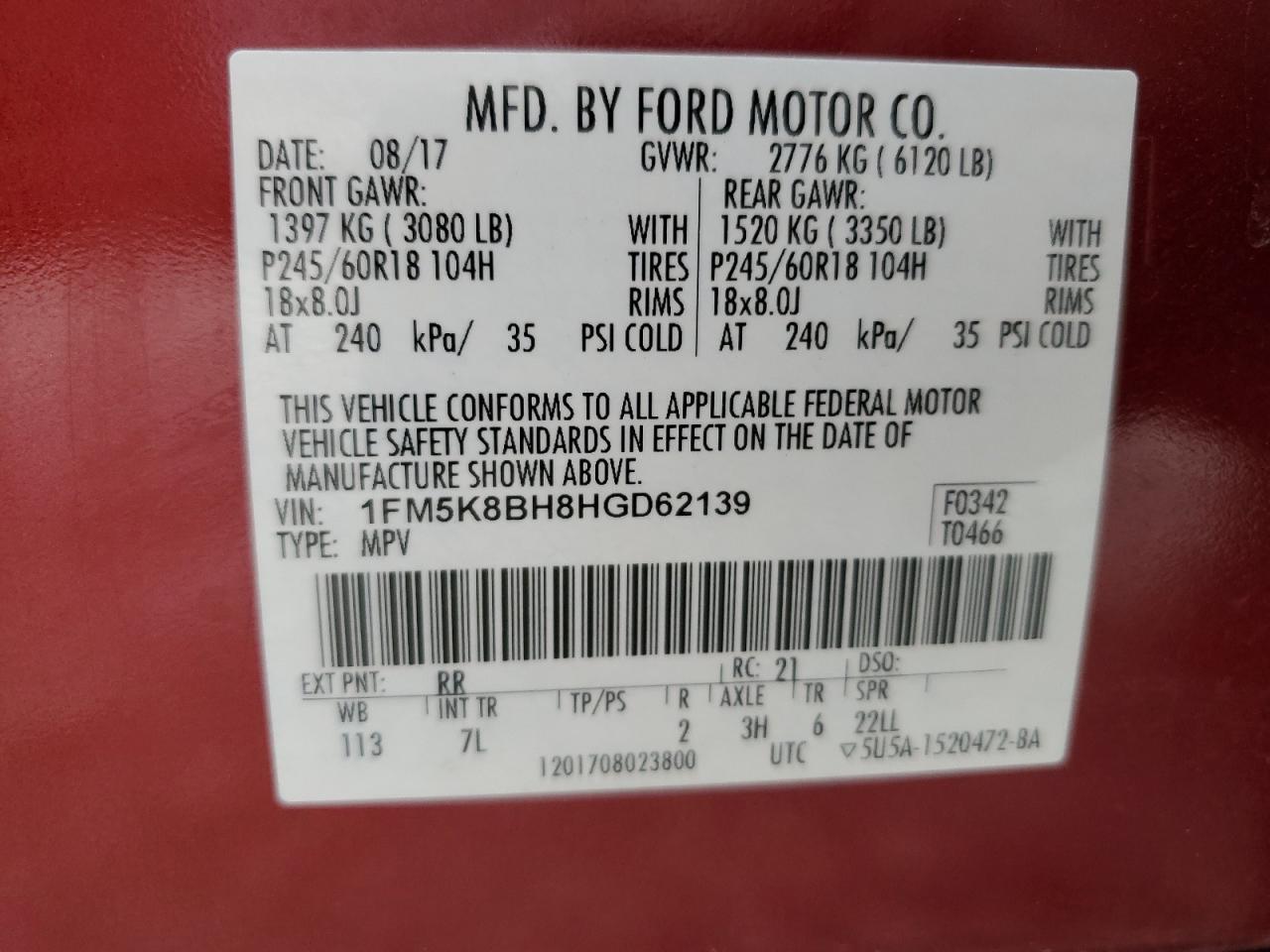 2017 Ford Explorer VIN: 1FM5K8BH8HGD62139 Lot: 57119205