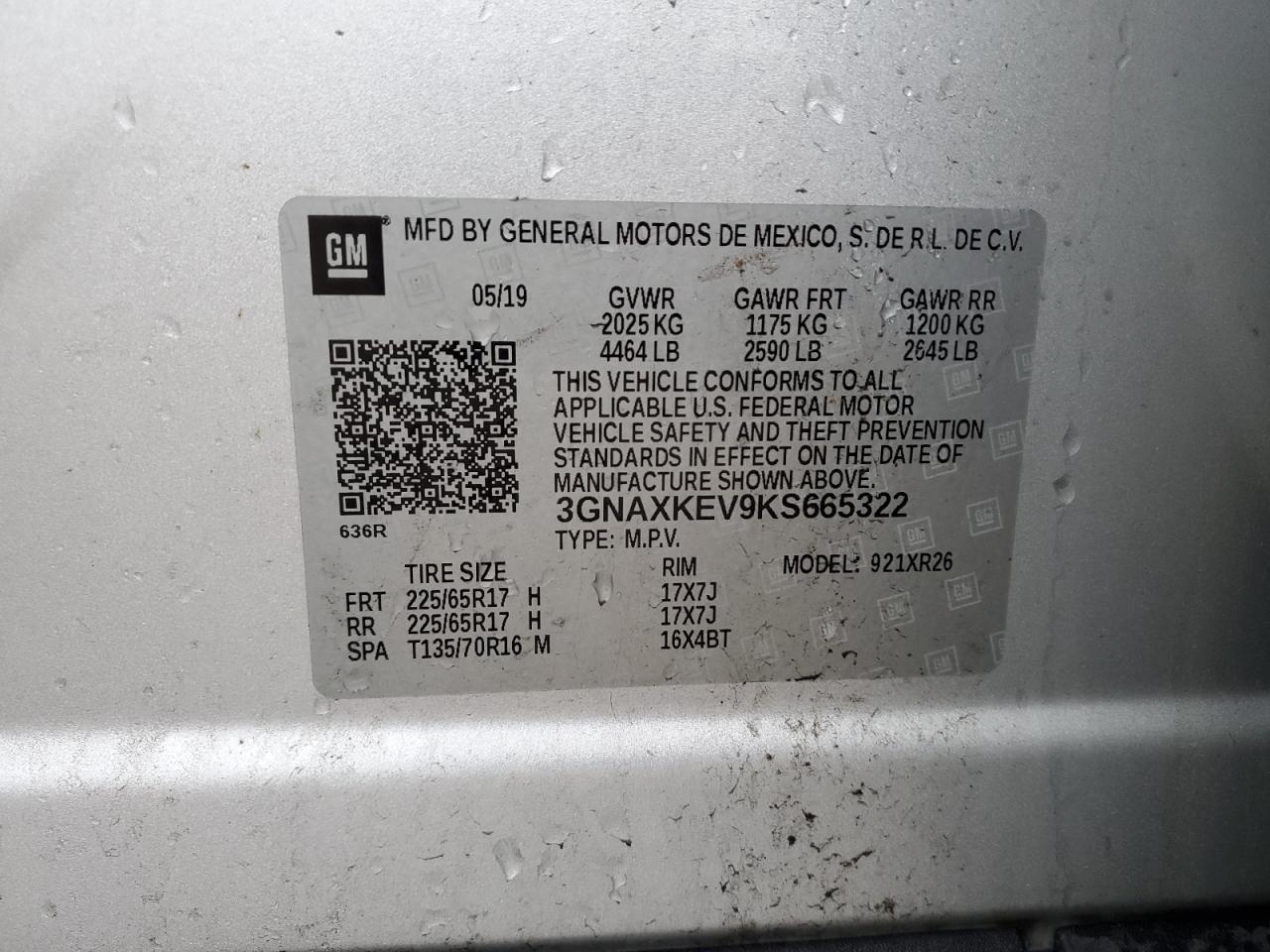 2019 Chevrolet Equinox Lt VIN: 3GNAXKEV9KS665322 Lot: 56720305