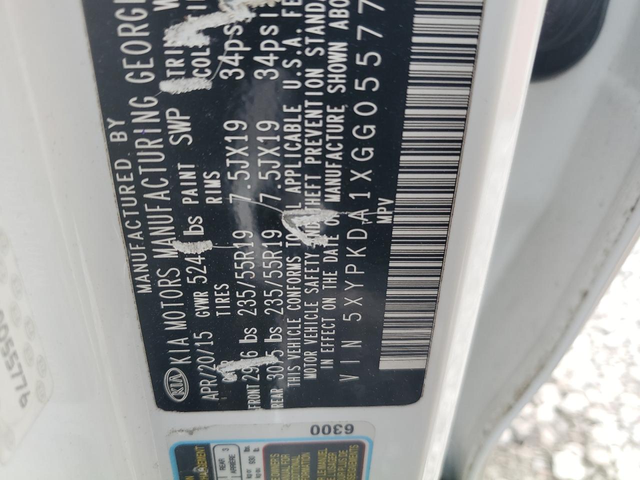 2016 Kia Sorento Sx VIN: 5XYPKDA1XGG055776 Lot: 55572655