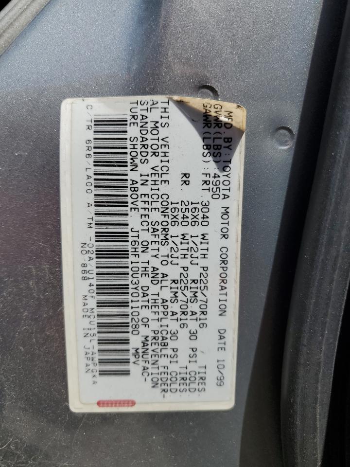 2000 Lexus Rx 300 VIN: JT6HF10U3Y0110280 Lot: 55347015