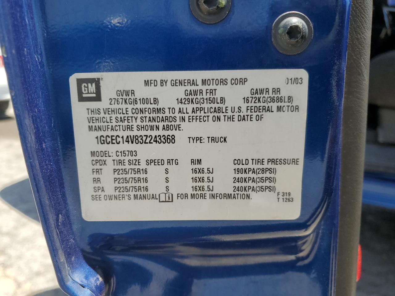 2003 Chevrolet Silverado C1500 VIN: 1GCEC14V83Z243368 Lot: 58652235