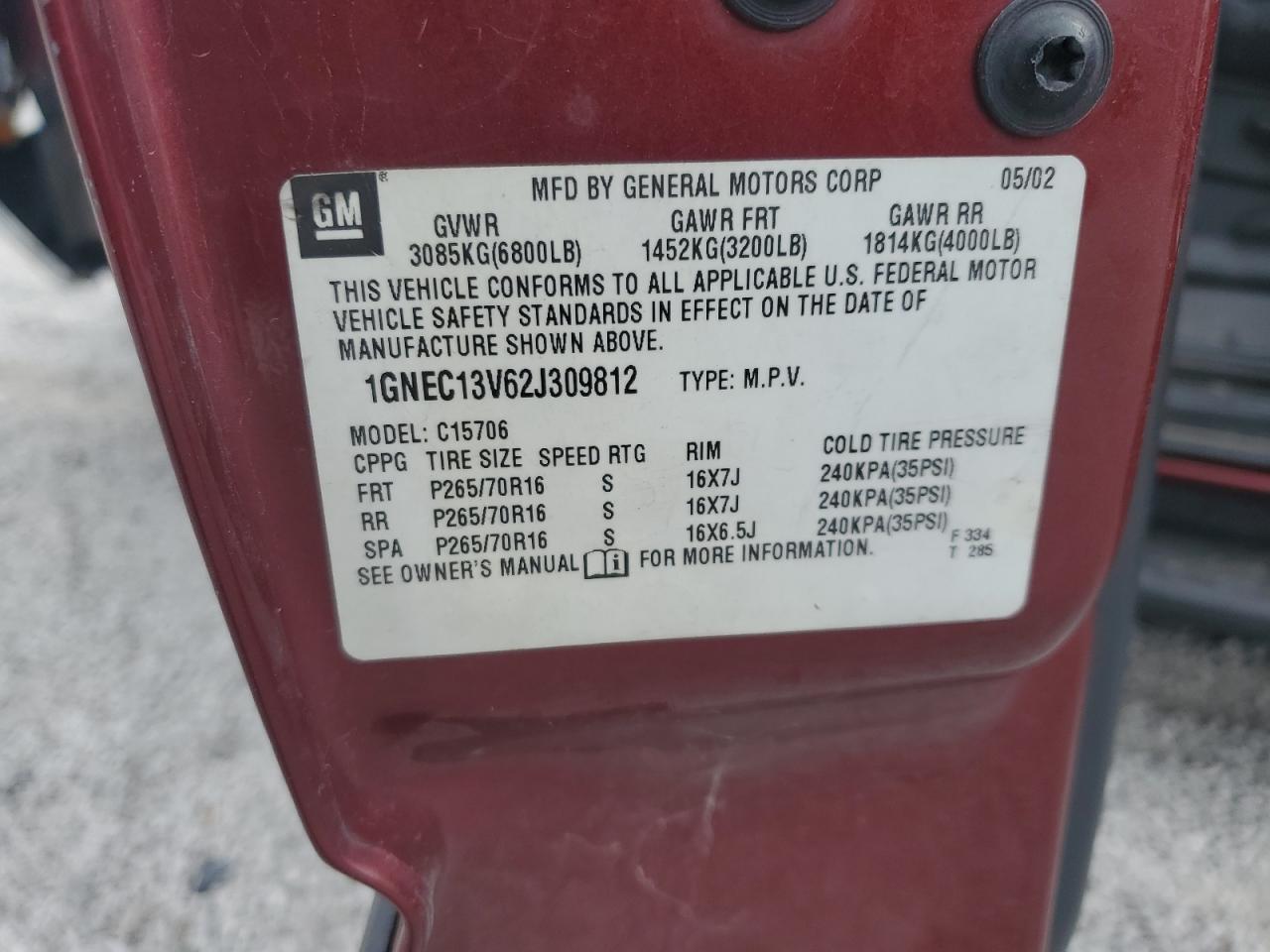 2002 Chevrolet Tahoe C1500 VIN: 1GNEC13V62J309812 Lot: 64057225