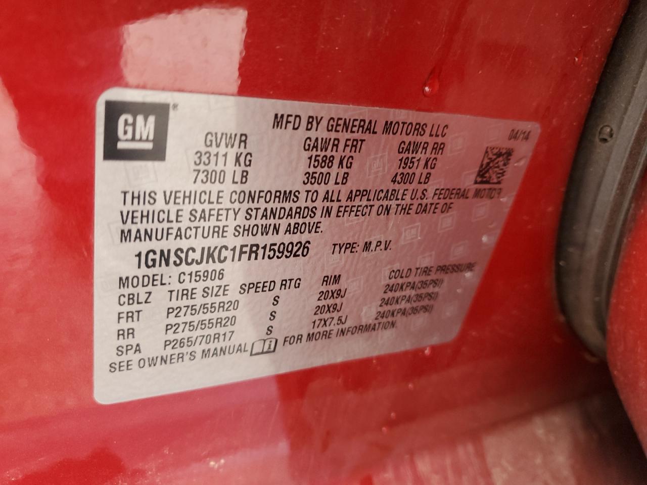 2015 Chevrolet Suburban C1500 Lt VIN: 1GNSCJKC1FR159926 Lot: 58595255