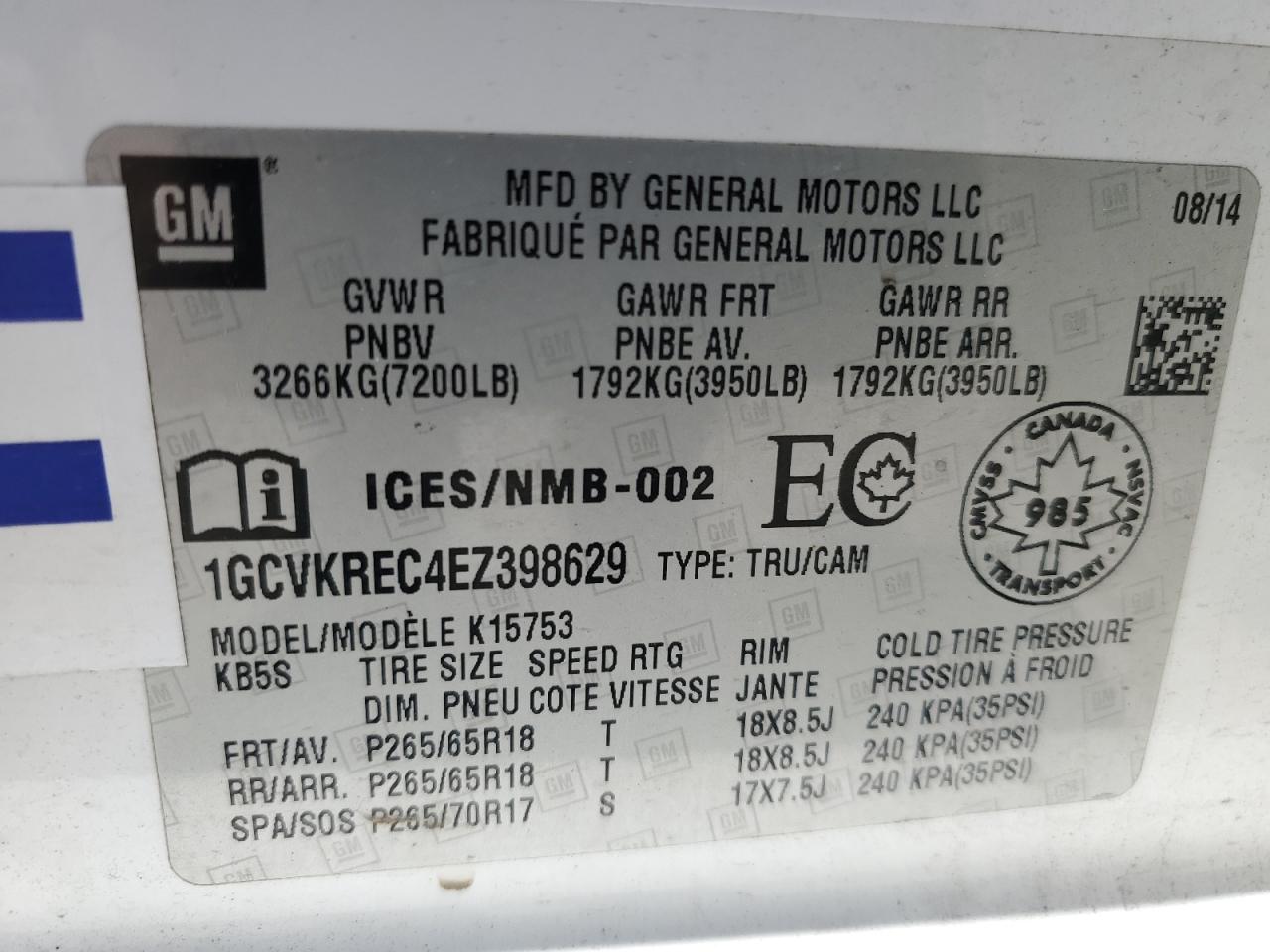 2014 Chevrolet Silverado K1500 Lt VIN: 1GCVKREC4EZ398629 Lot: 57909835